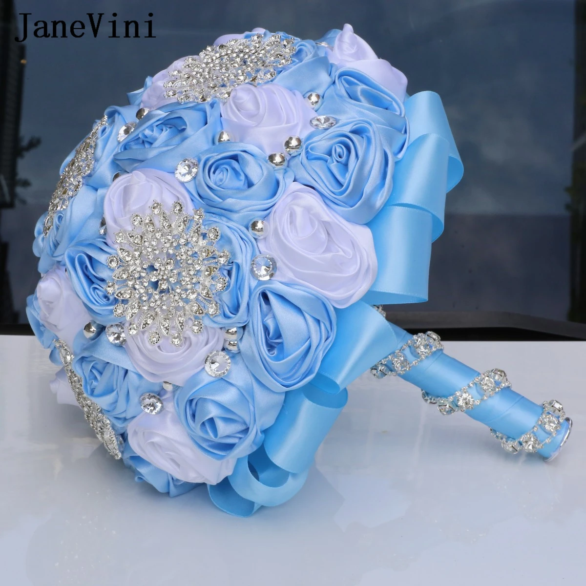 JaneVini-ramo de flores de boda azul claro y blanco brillante, joyería de plata, diamantes de imitación, Accesorios para Novias