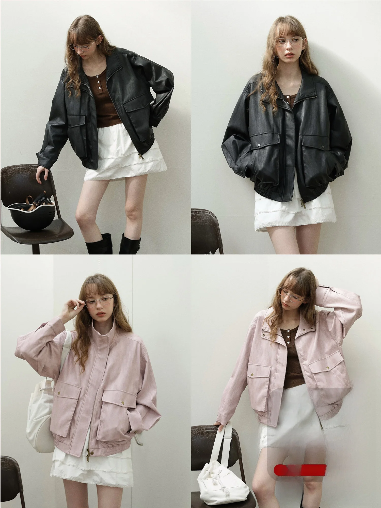

Enroute Steady Early Spring Vintage Stand Collar Ultra Soft Large ket Zipper Button Two Tone Leather Jaet Coat