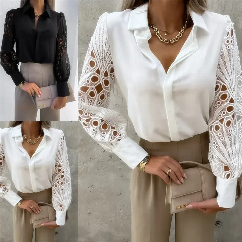 

Autumn Spring Women's New Shirt White Sexy Lace Hollow Out Women Blouses Black Top Vintage Button Up Shirts Long Sleeve Tops
