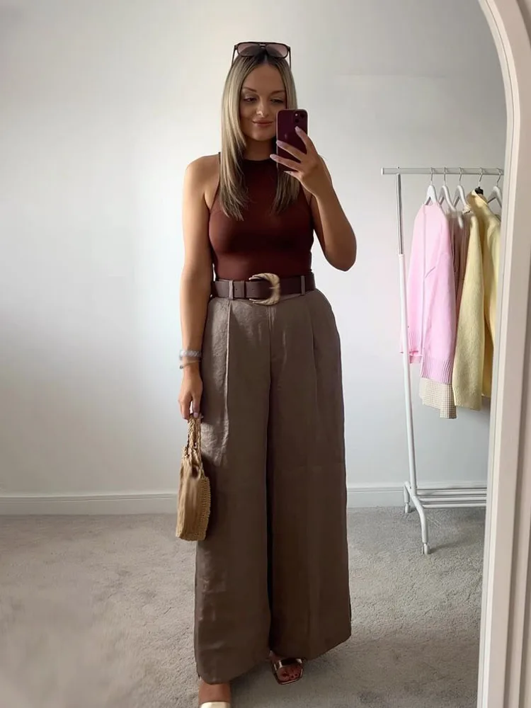 

HH Woman Elegant Side Pocket Zipper Wide Leg Long Pants Women's Chic Solid Belt Wrinkles Decorate Casual Loose Trousers