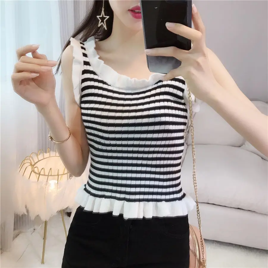 Summer 2023 New Sweet Fresh Striped Fungus Sleeves Bottom Camisole Female Outerwear Knitwear Student Tank Top Crop Tops