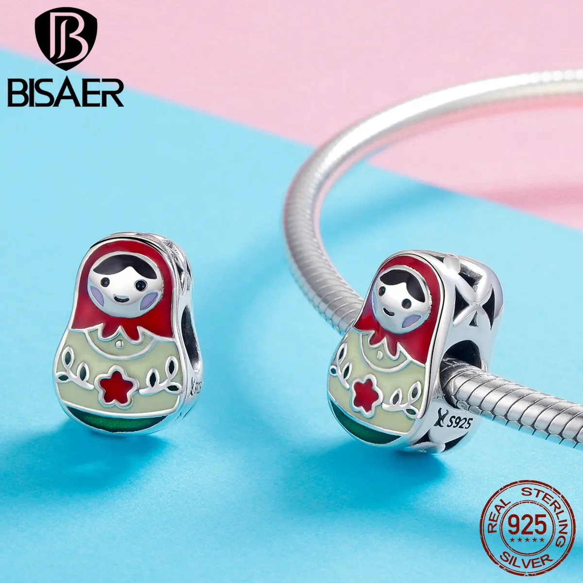 BISAER 925 Sterling Silver Three Colors Russian Doll Charm Bead Fit Original Women Bracelet & Necklace DIY Fine Jewelry EFC702