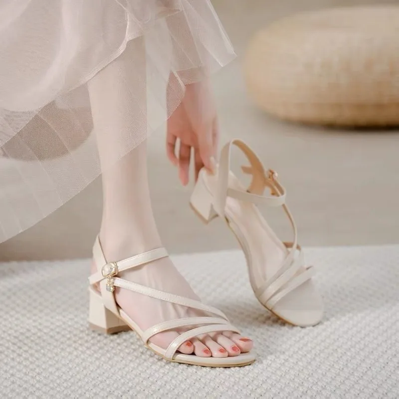 Woman Shoes Open Toe White With Medium Heels For Office Work Leather Sandals Women Anti Slip Hot Summer 2024 Offers Vip Footwear