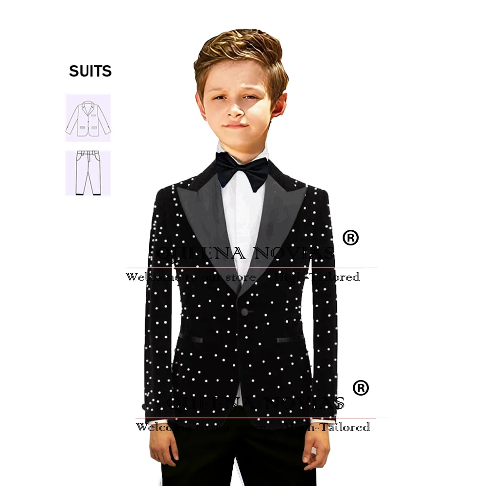 

Classic Boy Suits For Wedding Customized Pearls Velvet Jacket With Pants 2 Pieces Children Formal Party Tuxedos traje niño boda
