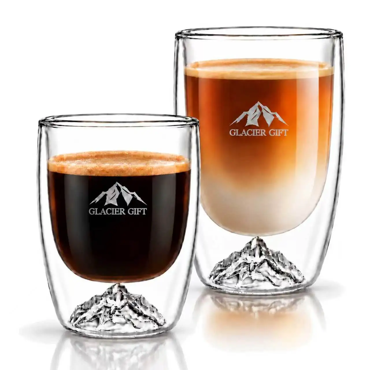 2 Pack Clear Double Walled Glass Coffee Mugs Set Insulated 3D Iceberg Design 7.5 Oz & 11.8 Oz Glass Cups for Hot And Cold Bevera