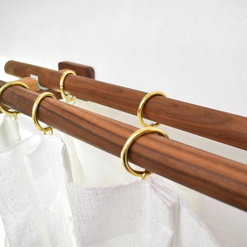 Solid Walnut Wood Double Curtain Rod Set, Roman Curtain Pole with Copper Rings and Mounting Brackets
