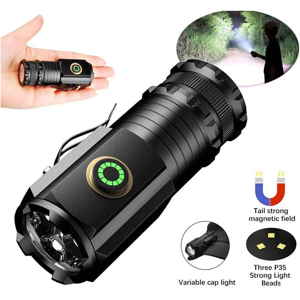 1/2pcs Mini Handheld Torch Flashlight USB Rechargeable LED Light Waterproof with Cap Clip for Outdoor Hiking Camping