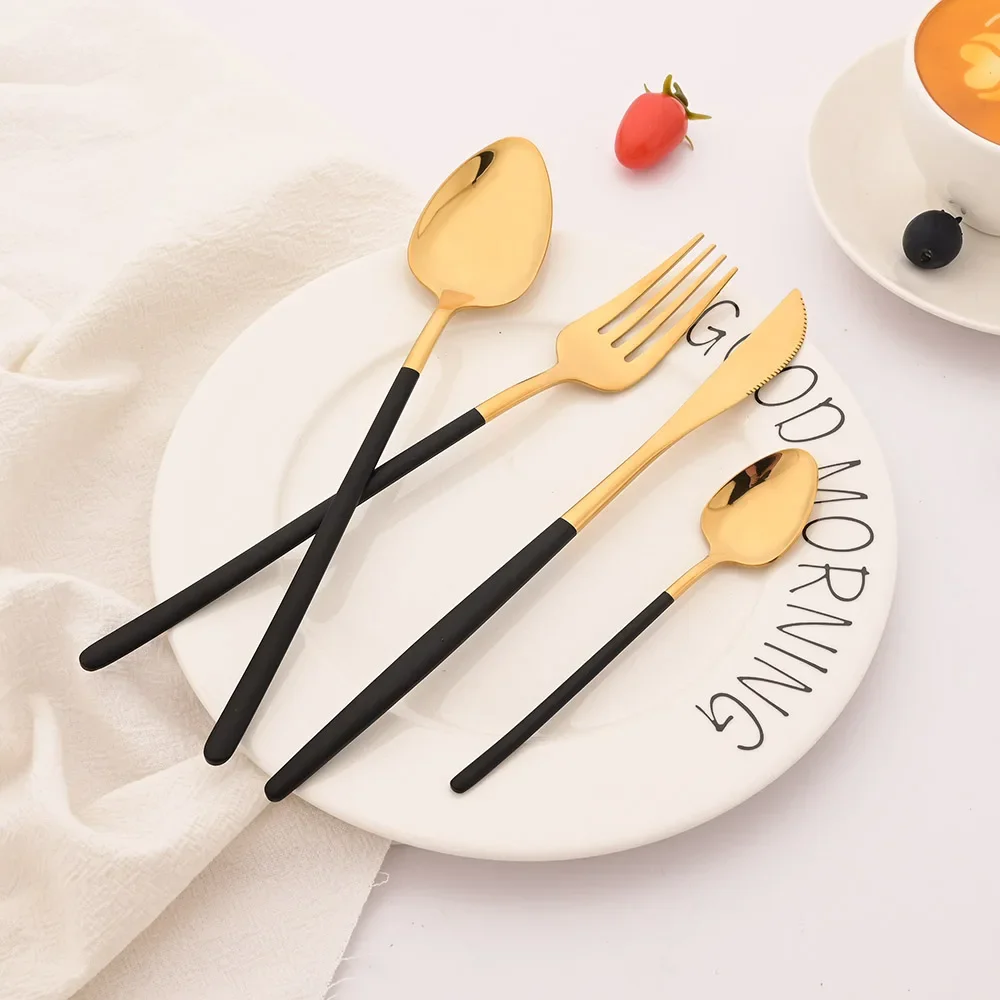 4Pcs Black Gold Dinnerware Tableware Set Mirror Stainless Steel Cutlery Kitchen Knife Fork Spoon Restaurant Wedding Flatware Set