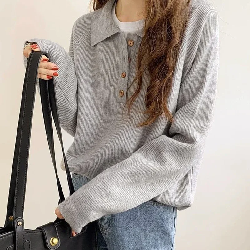 Korean Style Fashion Minimalist Temperament Polo-Neck High Quality Sweater Autumn New Casual Vintage Loose Comfortable Lady Top