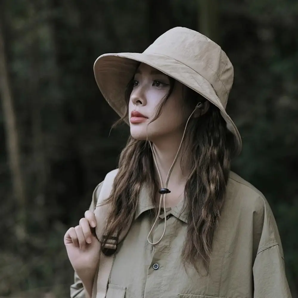 Chapéu de pescador com cordão, proteção uv, cor sólida, japonês, secagem rápida, à prova d'água, aba larga, chapéu de sol, pesca
