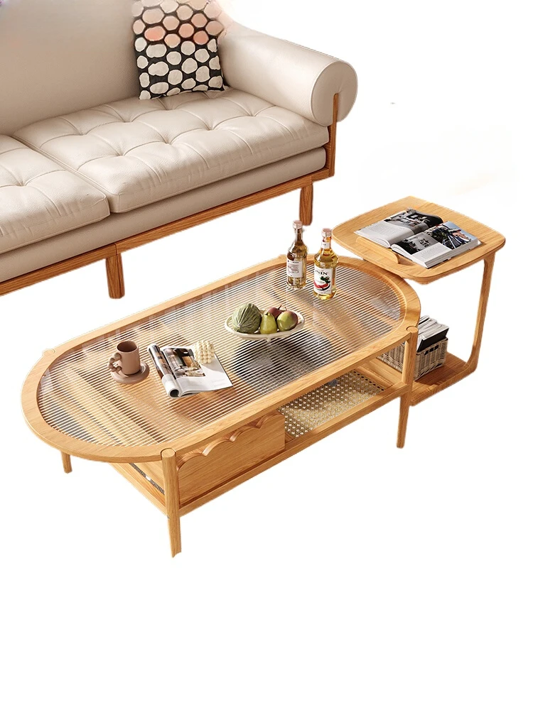 

Living room small apartment solid wood coffee table wabi sandy wind Changhong glass braided rattan multi-functional oval tea tab