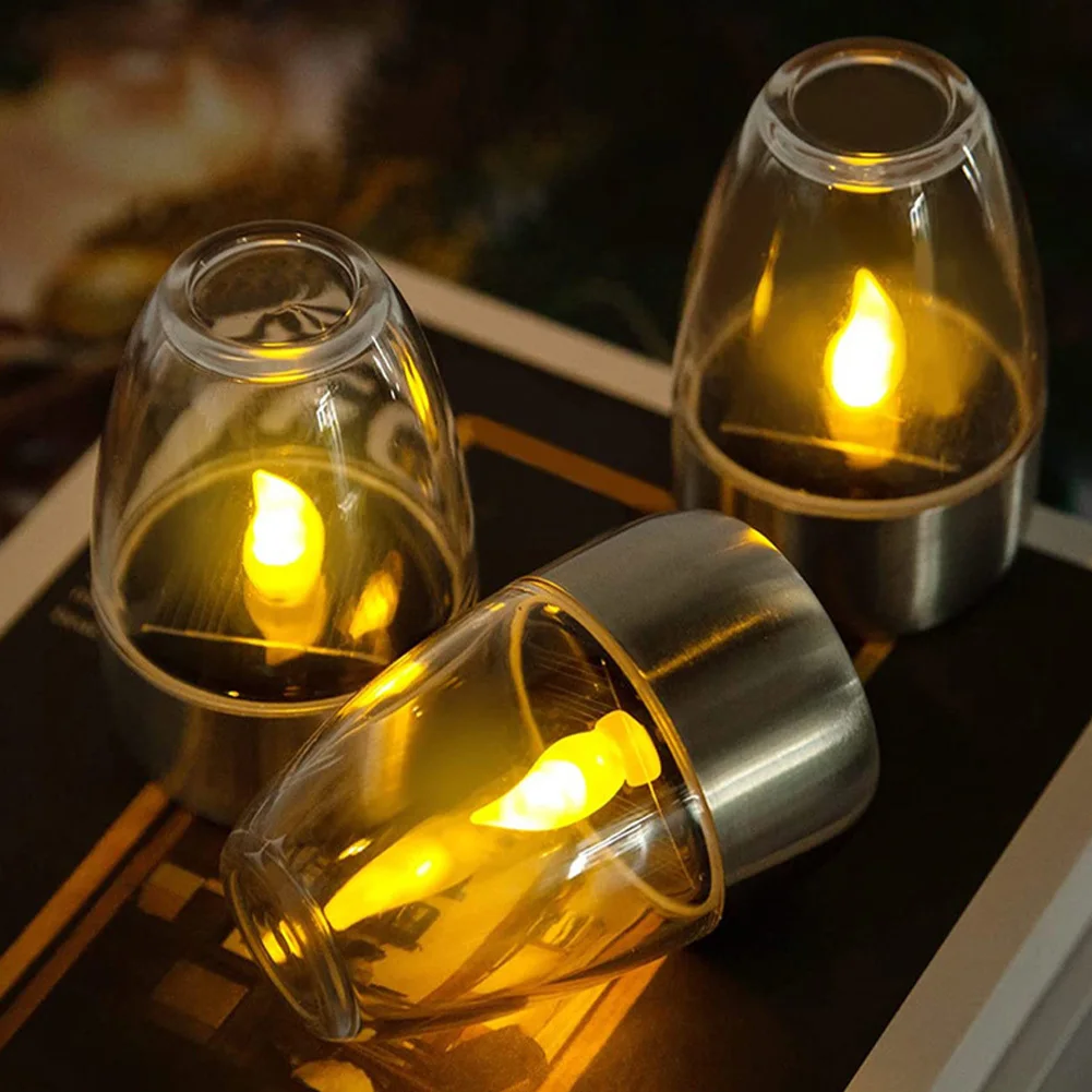 Outdoor LED Solar Candles Lights With Stainless Steel Base Flameless Dropless Night Light For Home Party Halloween Xmas Decor