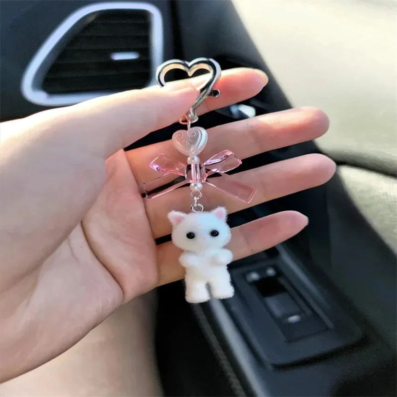 Bonito difuso Kitty coração arco Keychain, Arco rosa kawaii, Coração pérola