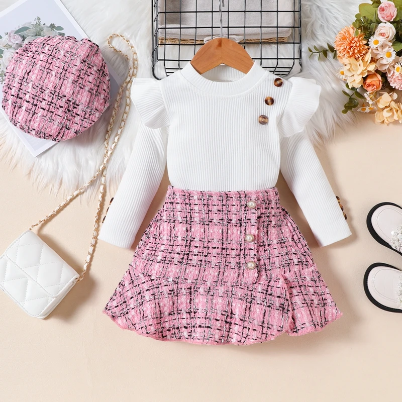 

Suefunskry Hot Sale Kids Girls Fall Outfit, Elegant Long Sleeve Crew Neck Ribbed T-shirt Tops with Plaid Skirt and Hat 3Pcs Set