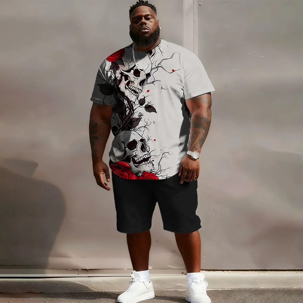 

Мужской комплект с короткими рукавами больших размеров S-9xl: Vibe с краями черепа — большой и высокий крой из двух предметов, мягкая ткань, гладкие рваные черепа