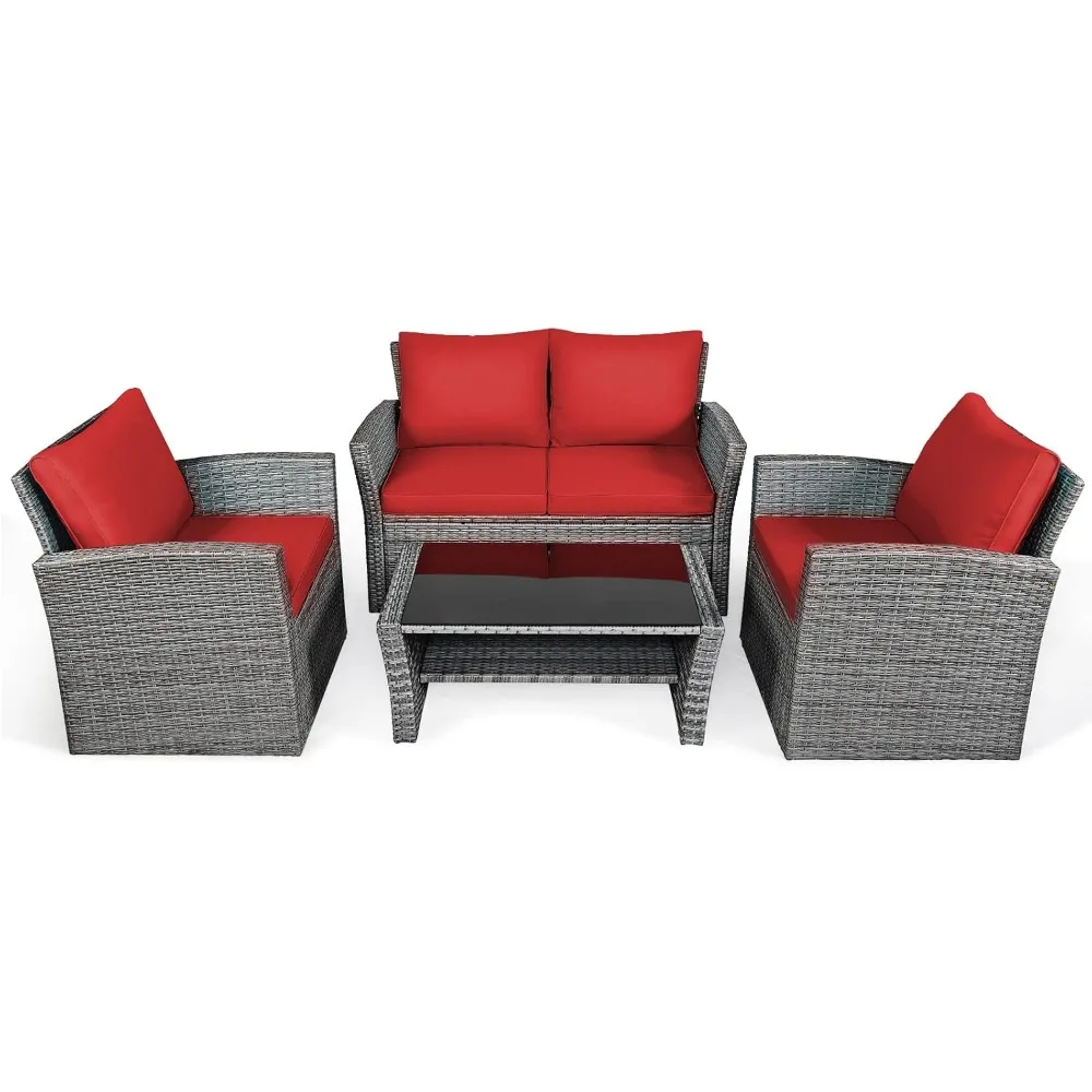 4 Piece Patio Rattan Furniture Set, Outdoor Wicker Sofa with Tempered Glass Coffee Table Cushions, Rattan Conversation Set