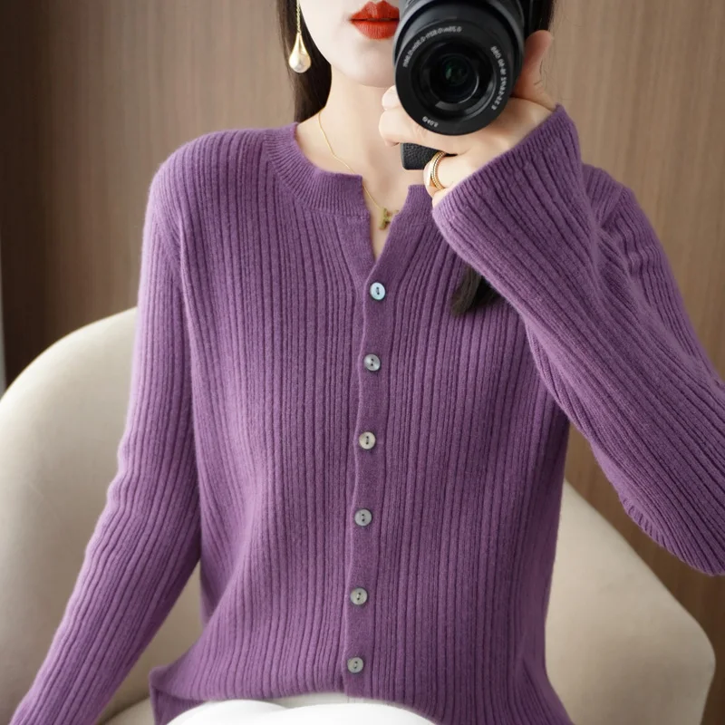 Women's Cardigan Spring/Autumn Worsted Wool Knitted Sweater Casual Solid Blouse Loose Ladies Tops V-neck Single-breasted Jacket