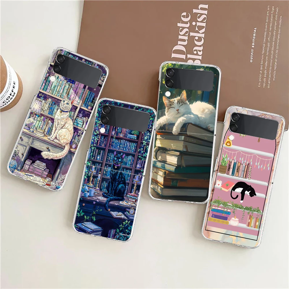Phone Cover For Samsung Galaxy Z Flip 7 6 5 4 Case Transparent For Samsung Z Flip 3 Hard PC Cute Butterfly Cat Bookshelf Design