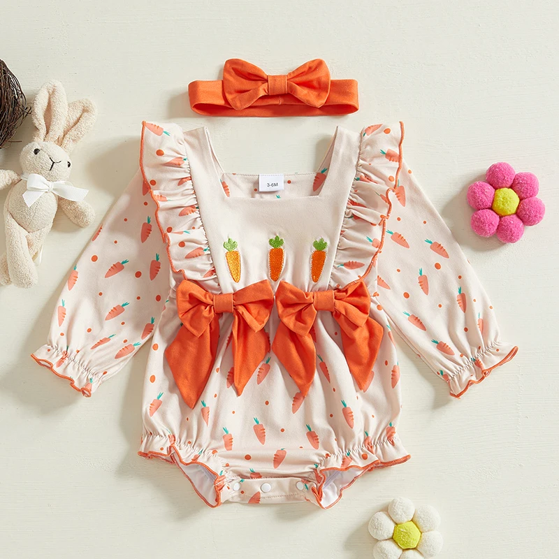 Schattige romper met paashaasprint voor babymeisjes en bijpassende hoofdband met strik - perfecte lente-outfit voor je kleine prinses