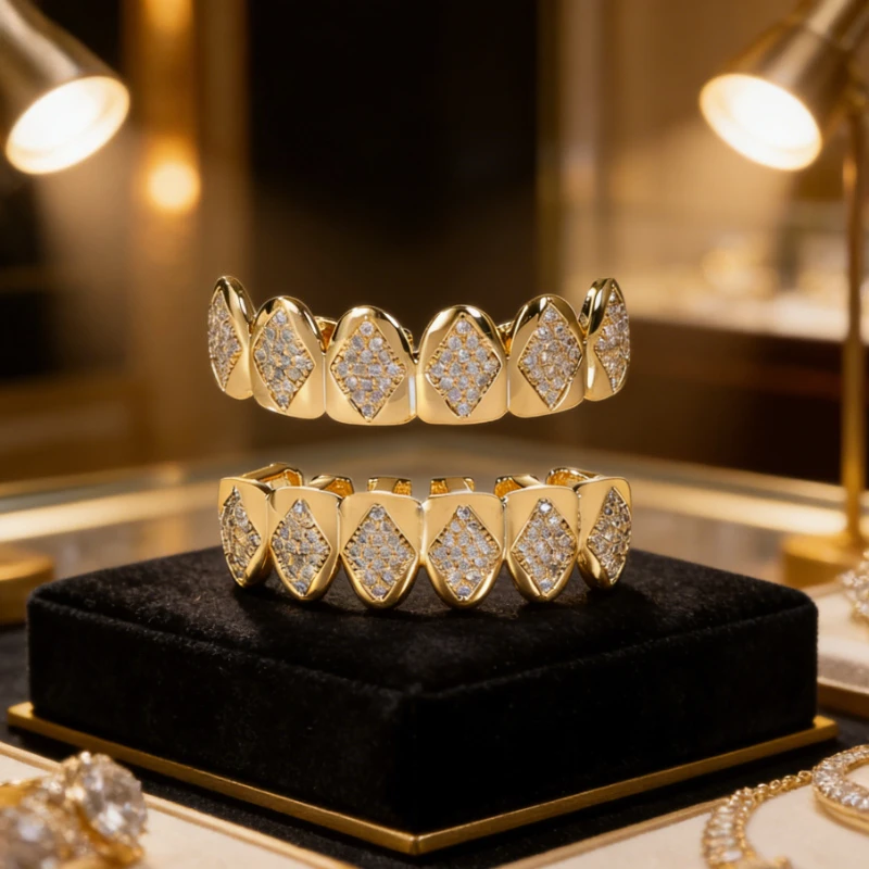 HipHop Silver/gold Color Rhombic Inlaid with Zircon Teeth 4 HipHop Silver/gold Color Rhombic Inlaid with Zircon Teeth