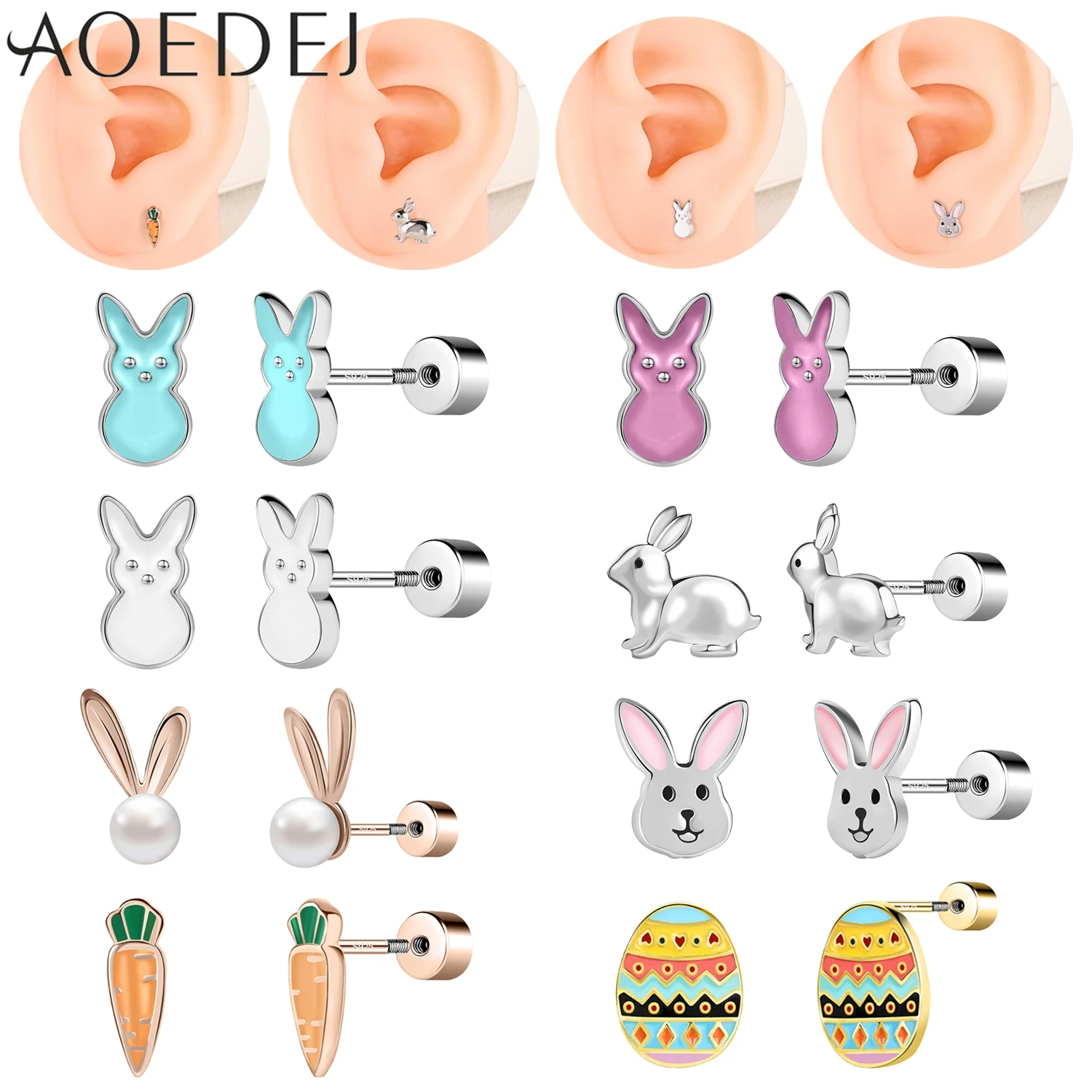 AOEDEJ 1 Pair 20G 925 Sterling Silver Stud Earring For Women Girls Easter Egg Rabbit Shape Ear Helix Cartilage Piercing Jewelry