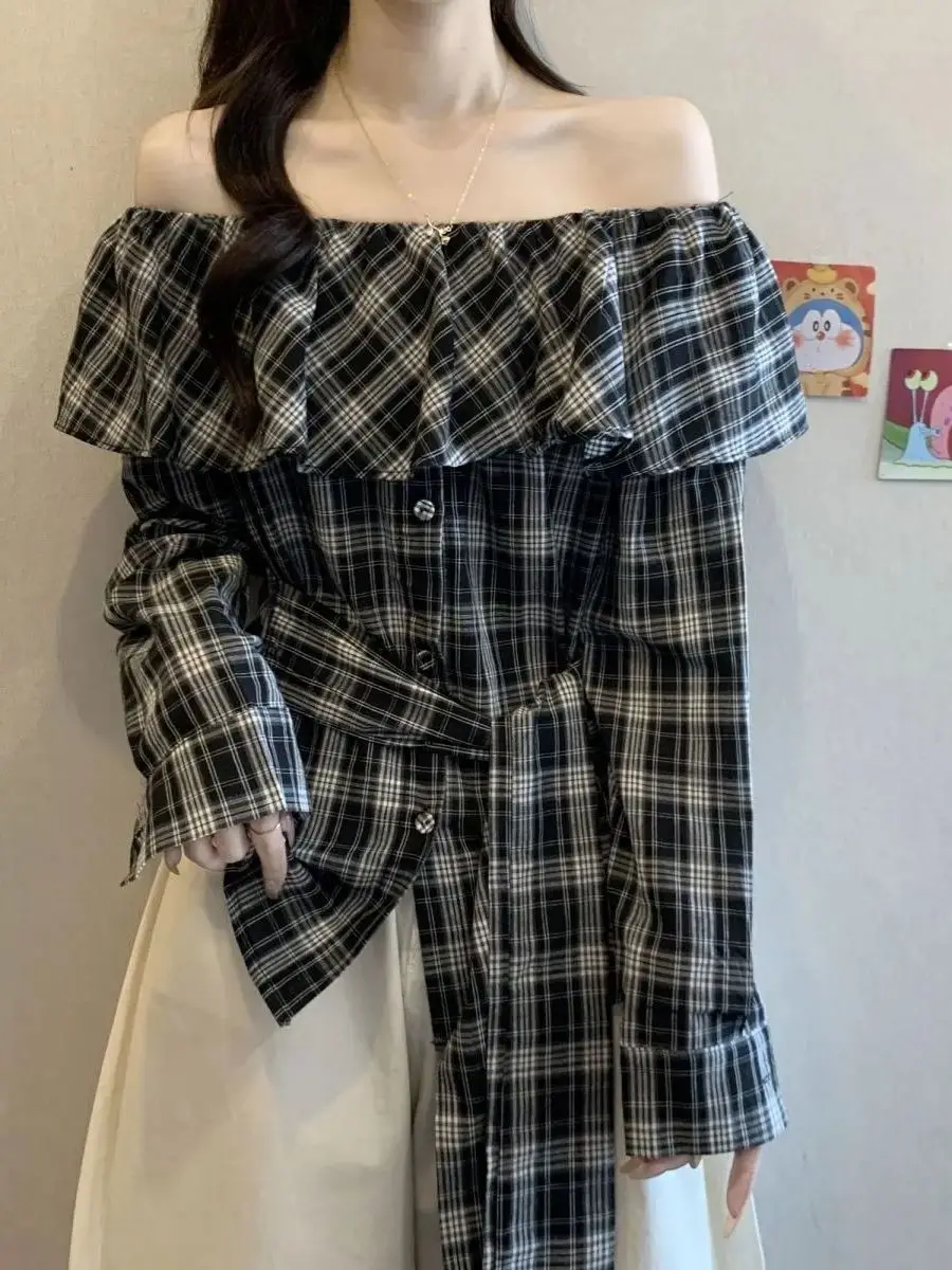

Trendy Vintage Plaid Ruffle oulder Long Sve irt Women's Autumn High-End Feeling Elegance Belted Waist Top