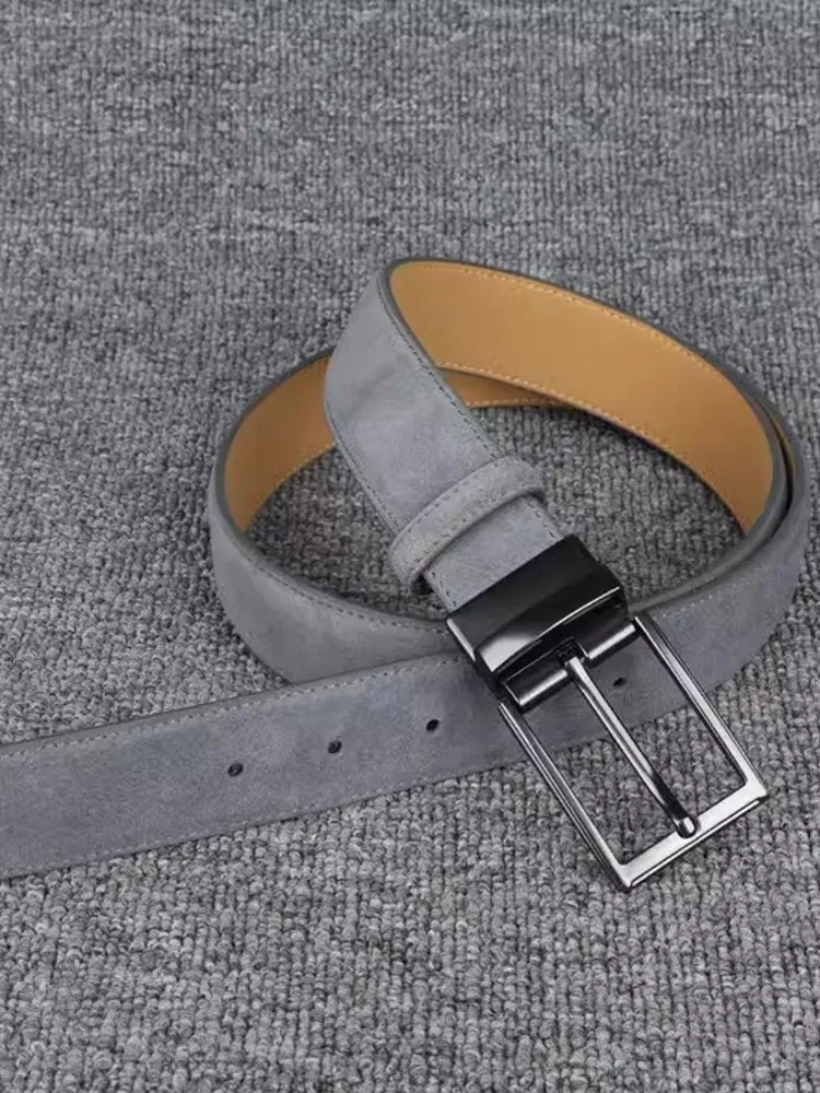 Mens Casual Cow Suede Leather Belt Pin Buckle Strap For Pants Width 3.4cm Waistband Male Belts For Jeans
