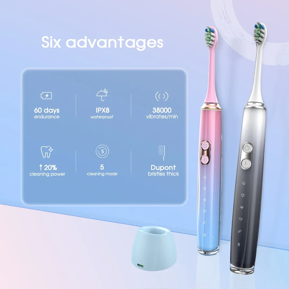 [ZS] Auto Induction Fast Charging Sonic Electric Toothbrush with 8 Replacement Brushes