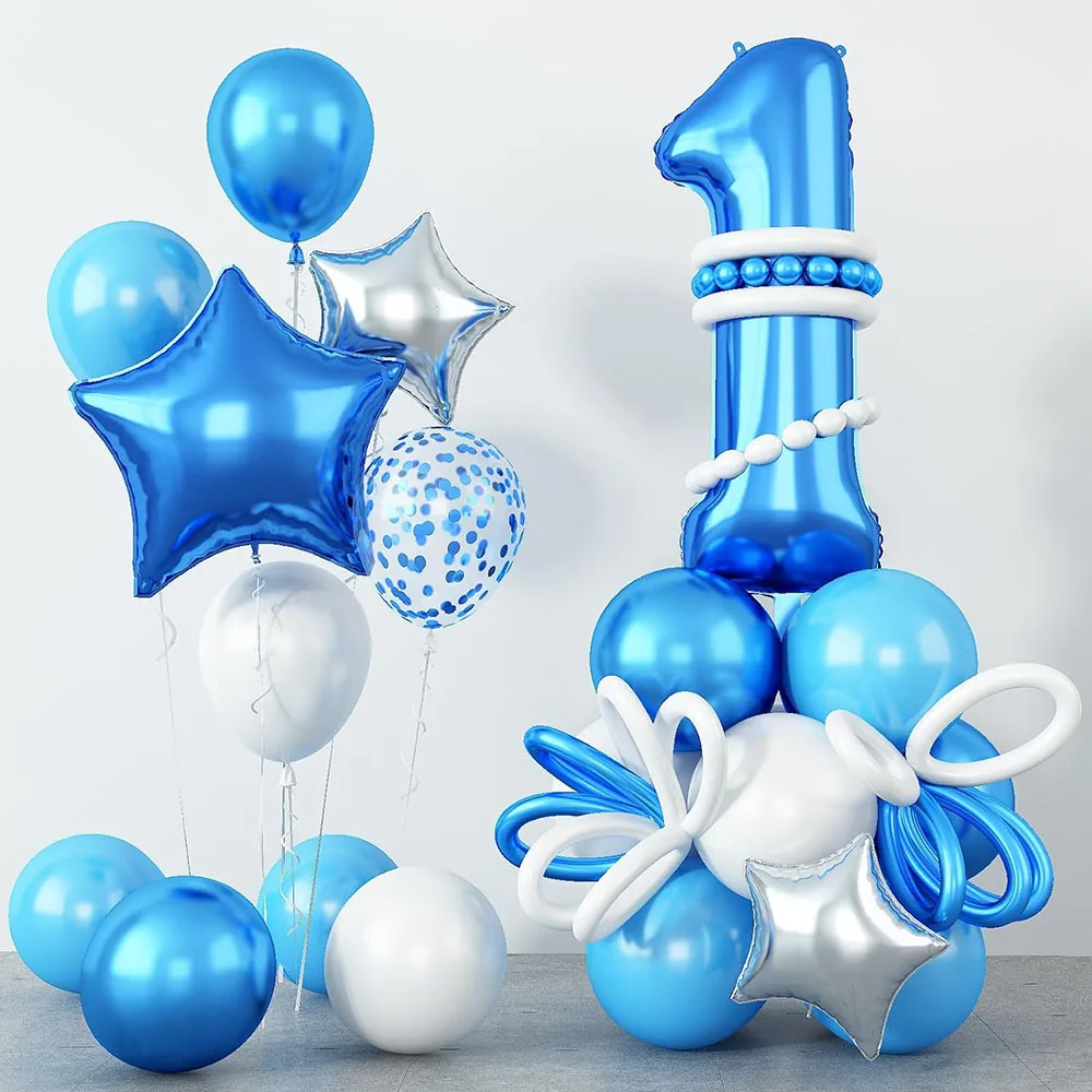 Balloon Set, 40inch Blue Balloon with Star Foil Balloon Long Balloon Blue White Silver Balloon DIY Balloon Holder for Boys Birthday Party Baby Shower Decoration