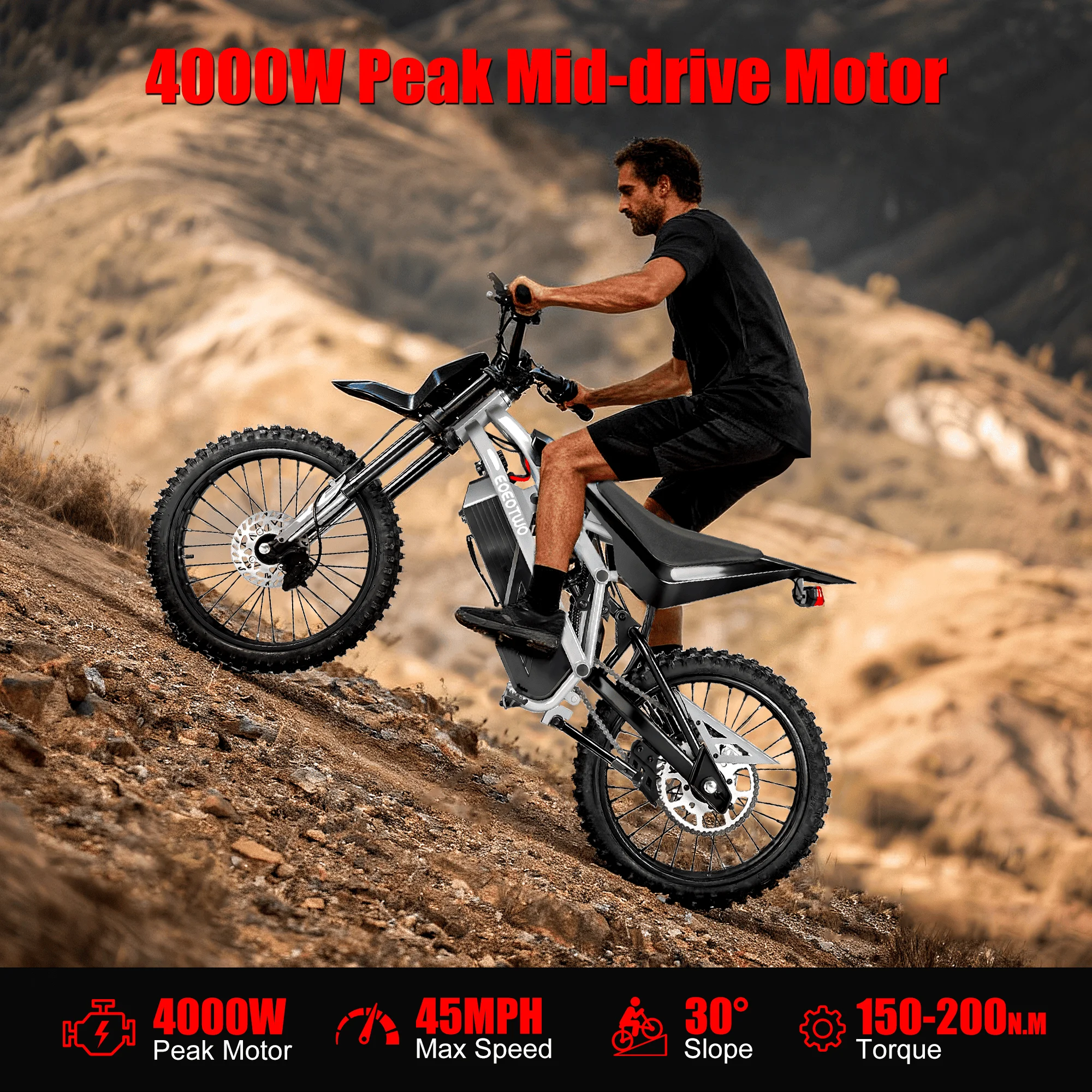 EOEOTWO GT07 دراجة ترابية كهربائية للبالغين محرك Peak-4000W بطارية 60V35AH بحد أقصى 45 ميجابكسل و50 ميل، دراجة كهربائية للكبار بإطار سميك