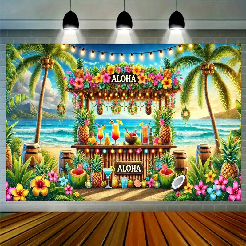 Hawaiian Lu Party Banner - Tropical Beach Scene, Polyester Fiber Decoration, Suitable for Home and Garden Use