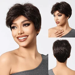 Short Pixie Cut Dark Brown Wig Synthetic Layered Wigs with Bangs for Black Women Afro Cosplay Daily Use Natural Fibre Fake Hair