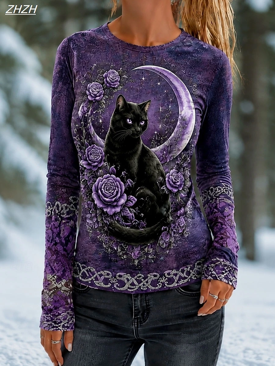 Women Fox Tree Of Life Celtic Print Long Sleeve T‑Shirt Crew Neck Casual Retro Fall Graphic Top