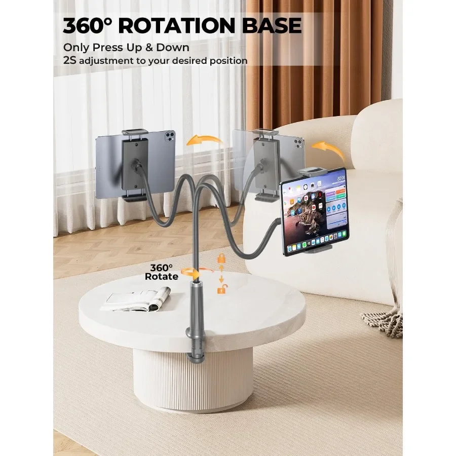 グースネック式スマホホルダー タブレットスタンド ベッド用：【回転ベース】調節可能なフレキシブルレイジーアーム、2つのクリップ付き スマホ・タブレットホルダー マウントC