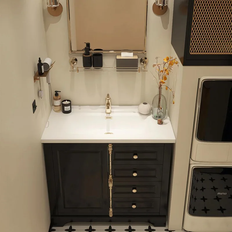 

Floor-to-ceiling cabinet French retro bathroom cabinet combination ceramic integrated basin toilet washstand