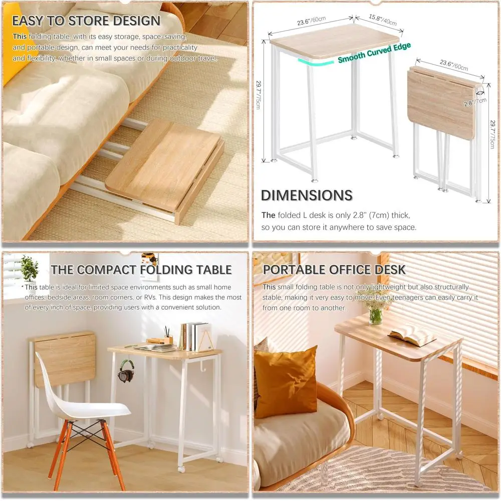 Compact Rolling Desk for Home Office, Foldable Study Table with Wheels - Natural & White