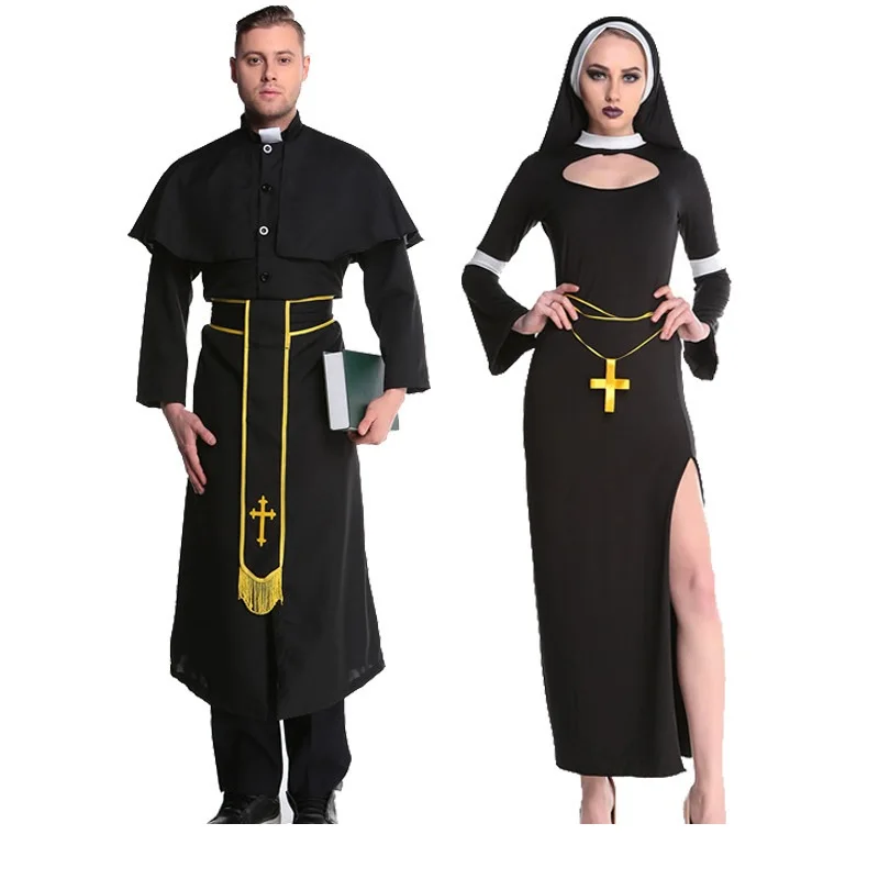 Missionary Cosplay Costumes for Adults Couple Long Robes Priest Sister Nun Costume Church Religious Outfit Halloween Fancy Dress