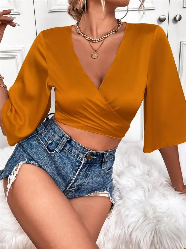 Women Shirt Front Flared Short Sleeve Plunge Neck Crop Top Ladies Satin Tie Knot Soft Deep V Neck Solid Shirts New