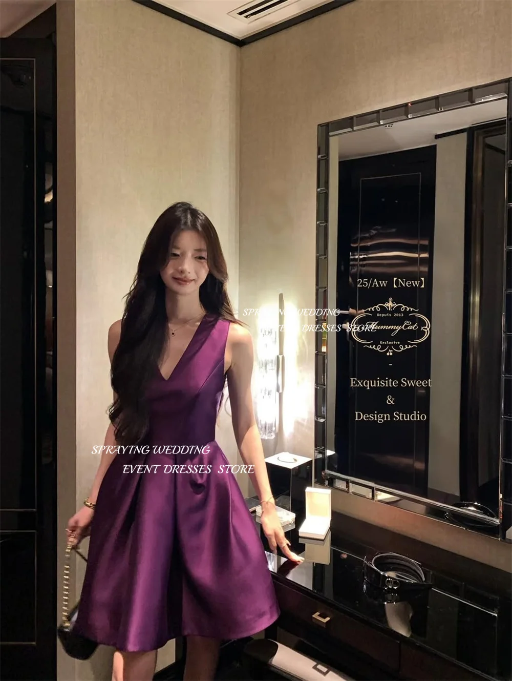 SPRAYING Mini Purple Satin Evening Dress Korea Wedding Photo Shoot V Neck Strap Elegant A line Short Party Dress Customized 2026