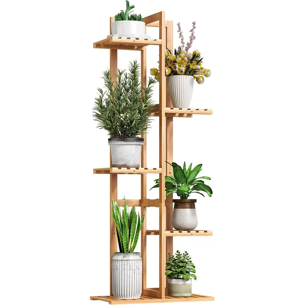 Natural Bamboo Tall Plant Stand - 6-Tier Indoor Outdoor Potted Plants Holder Rack Display