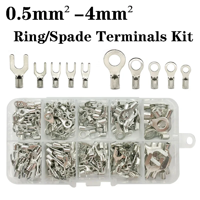 

320PCS Pure Copper Crimp Terminals Non Insulated Ring Terminals Kit RNB/SNB1.25/2/3.5-3/4/6 Spade Terminal Cable Wire Connector