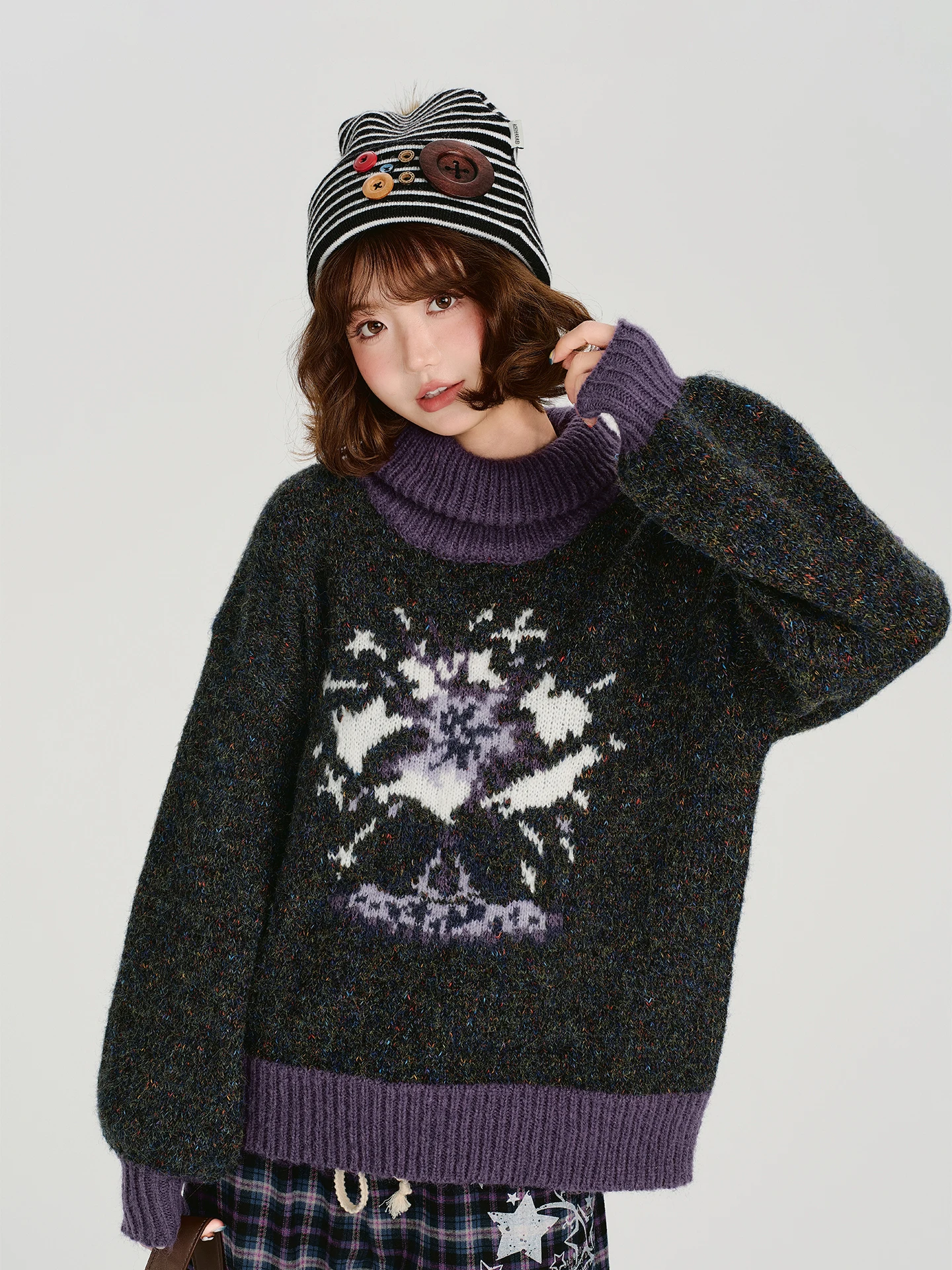 

Женский вязаный свитер в американском ретро-стиле с высоким воротником, утепленный, свободного кроя, с длинными рукавами, с цветочным узором, новинка зимы, повседневный стиль