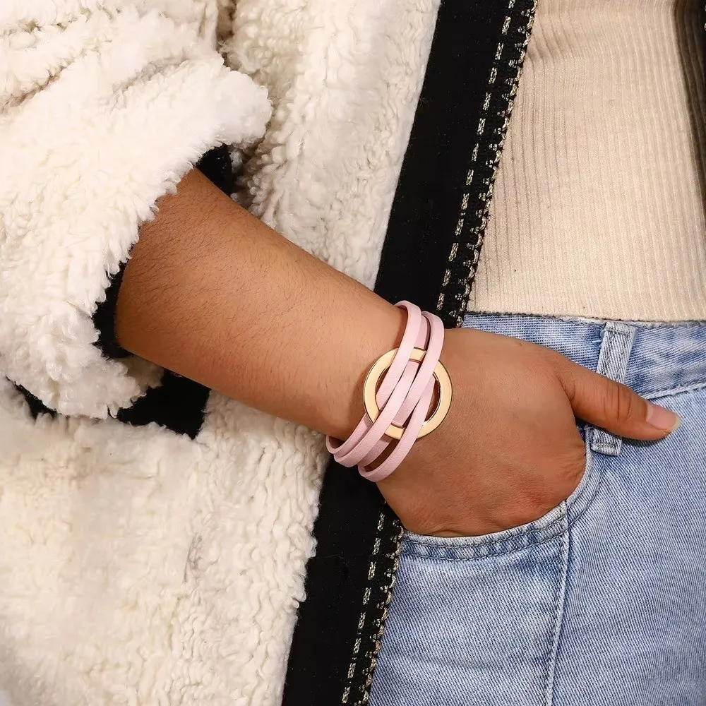 Bohemian Style Leather Bracelets Adjustable Wrap Closure Leather Surface Multilayer Wrap Bracelet Circle Cross Bracelet