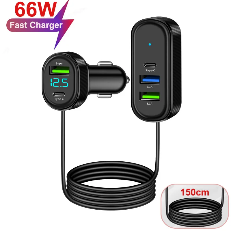 150 Long Cable Car Charger 5-Port USB Charger 12V/24V Car Phone Charger Adapter with Digital Voltage Display for IPhone/Android