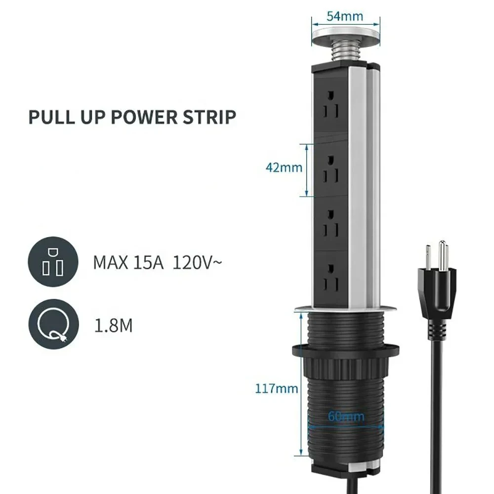 Melanerowa listwa zasilająca USB US Plug Outlet ukryty wysuwana listwa elektryczna biurkiem elektrycznym blat kuchenny przewód przedłużający 1.8m