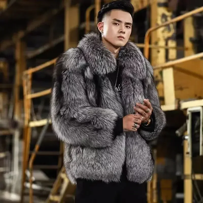 

Faux Silver Fox Fur Coat Short Loose Cardigan Overcoat New Men Winter Thicken Warm Jacket Leisure Fashion Outwear