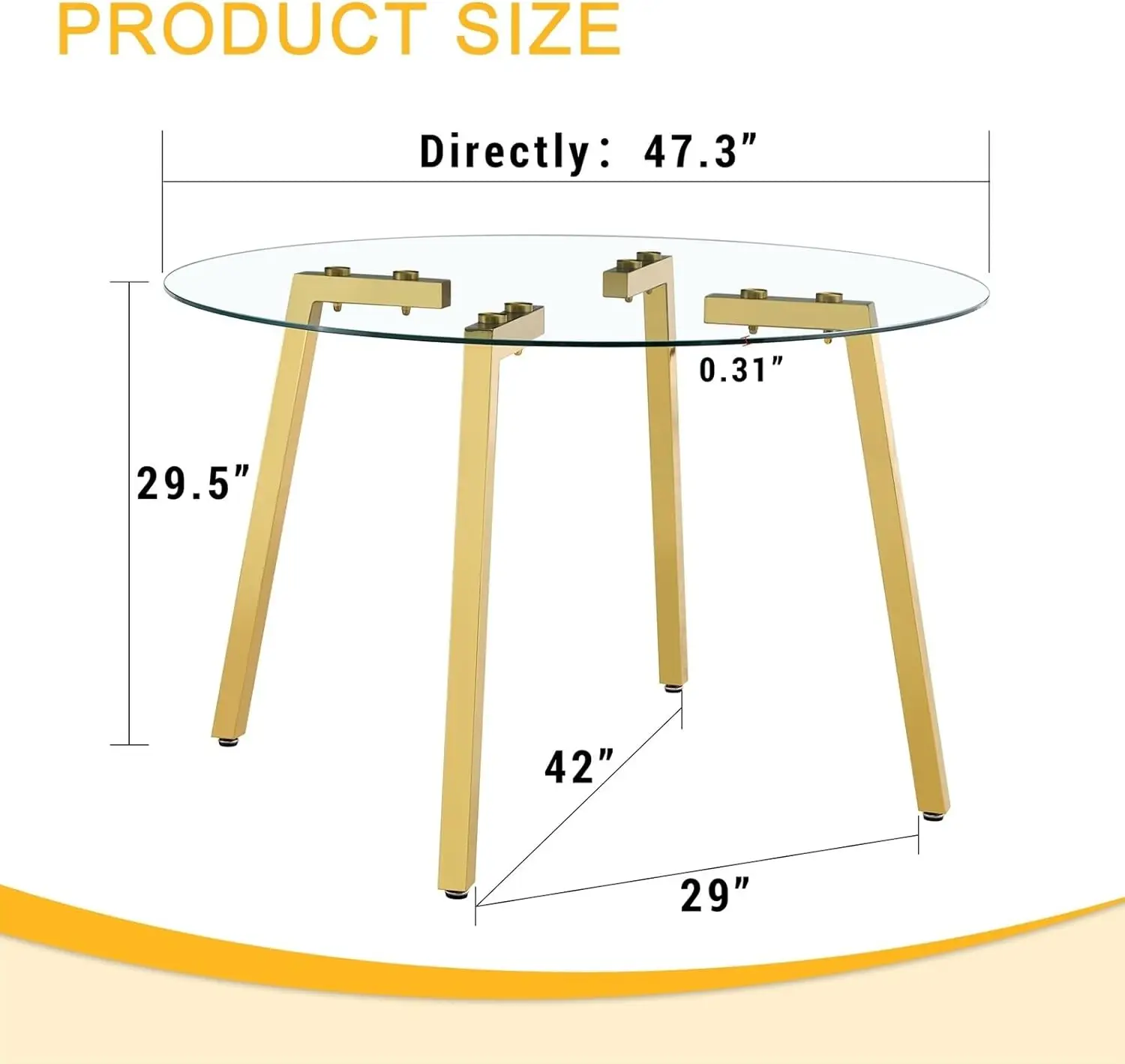 Modern Round Tempered Glass Dining Table With Gold 7-Shaped Metal Legs, 47.3-Inch Transparent Top, For Dining Room, Office, Or