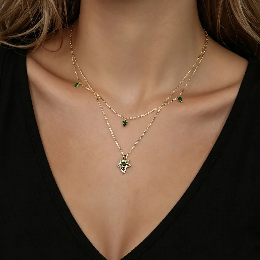 F.I.N.S 925 Sterling Silver Double-Layer Stackable Necklace Green Zircon Leaf Pendant Luxurious Clavicle Chains Fine Jewelry view 2