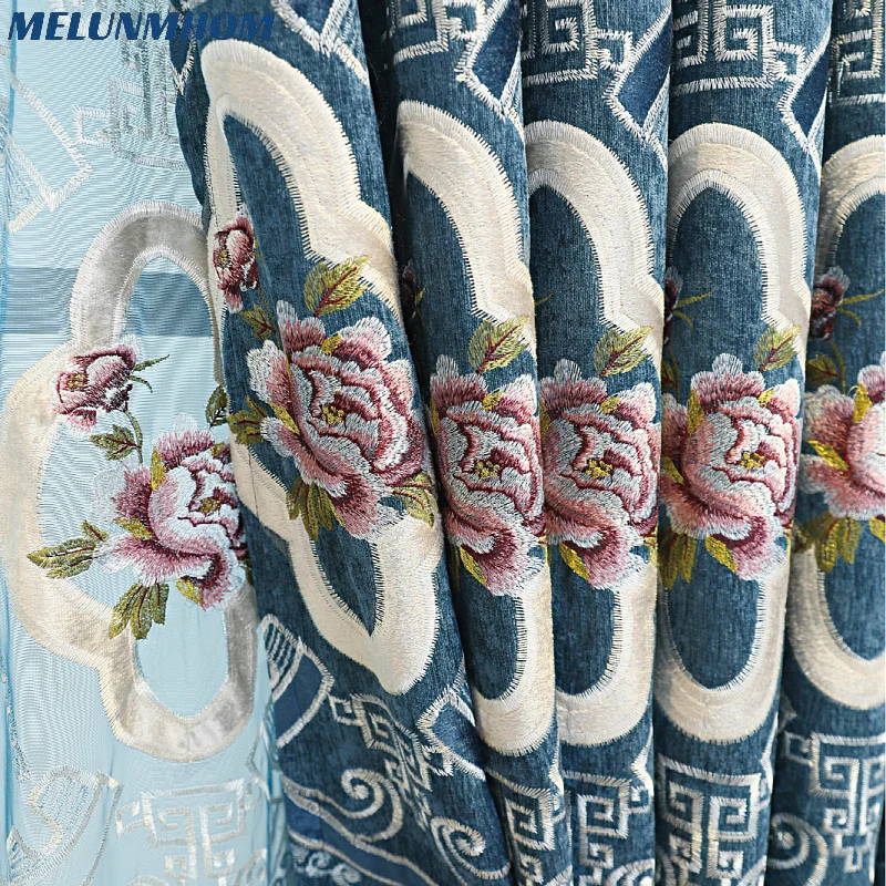 Melunmhom Chinese Style Chenille Cashmere Embroidered Blackout Curtains for Living Room Bedroom Villa Valance for Window Customi