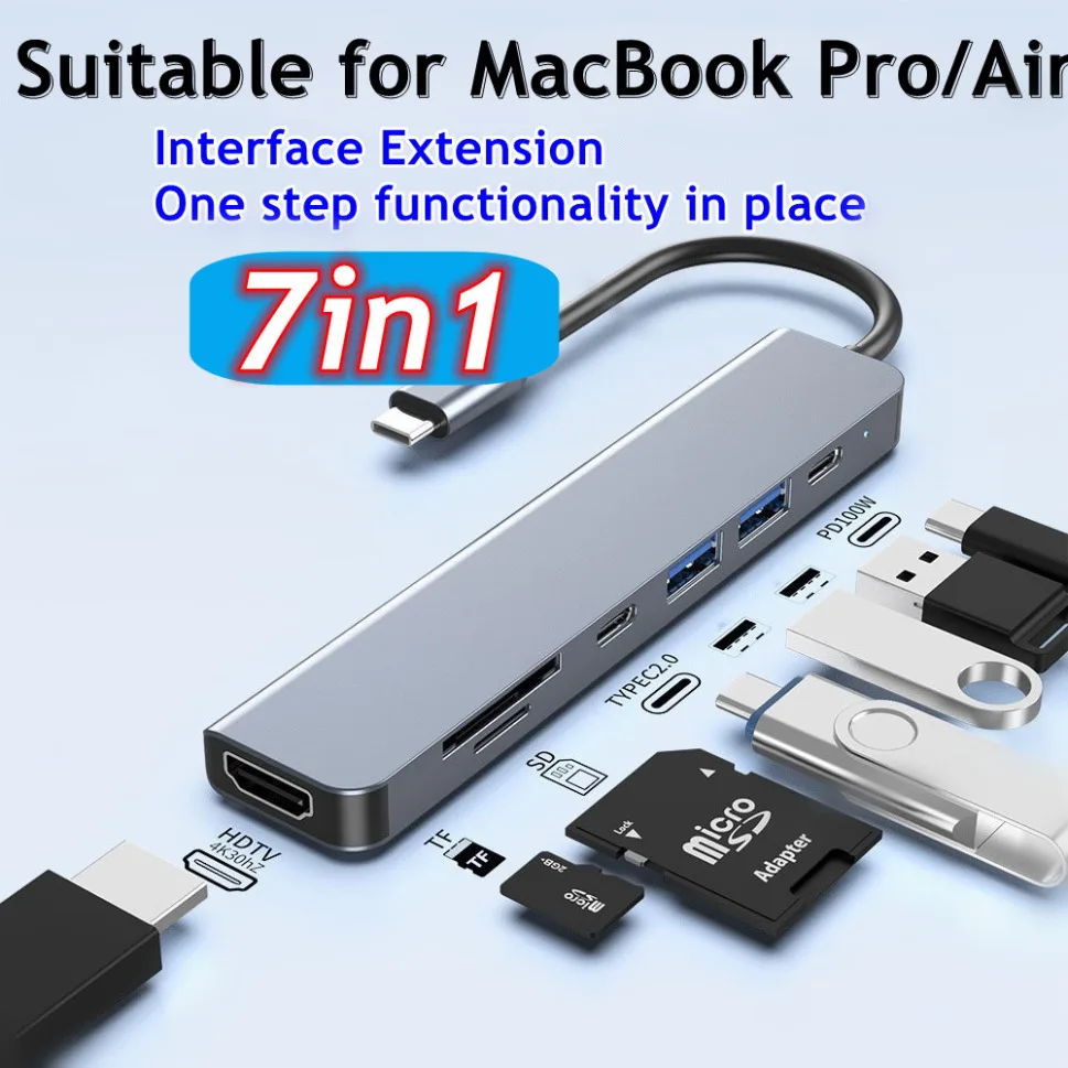 7 in 1 USB C Hub Adapter to 4K HDMI-Compatible SD TF Card Reader USB 3.0 2.0 Type C PD Charging for MacBook Pro Laptops